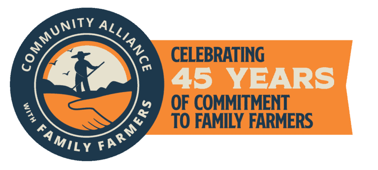 A banner with CAFF's logo that states "Celebrating 45 years of commitment to family farms."