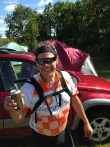 Drinking a well-deserved beer after 75 miles on the  bike