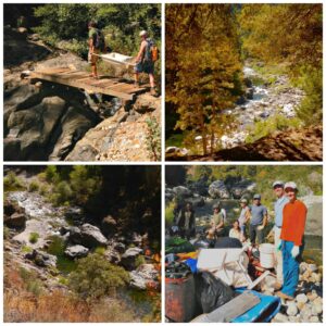 Volunteers hiked six-miles roundtrip to tackle trash at the South Yuba River Primitive Campground. Their load of multiple abandoned encampments will be helicoptered out next week. Photo credit: Kurt Lorenz